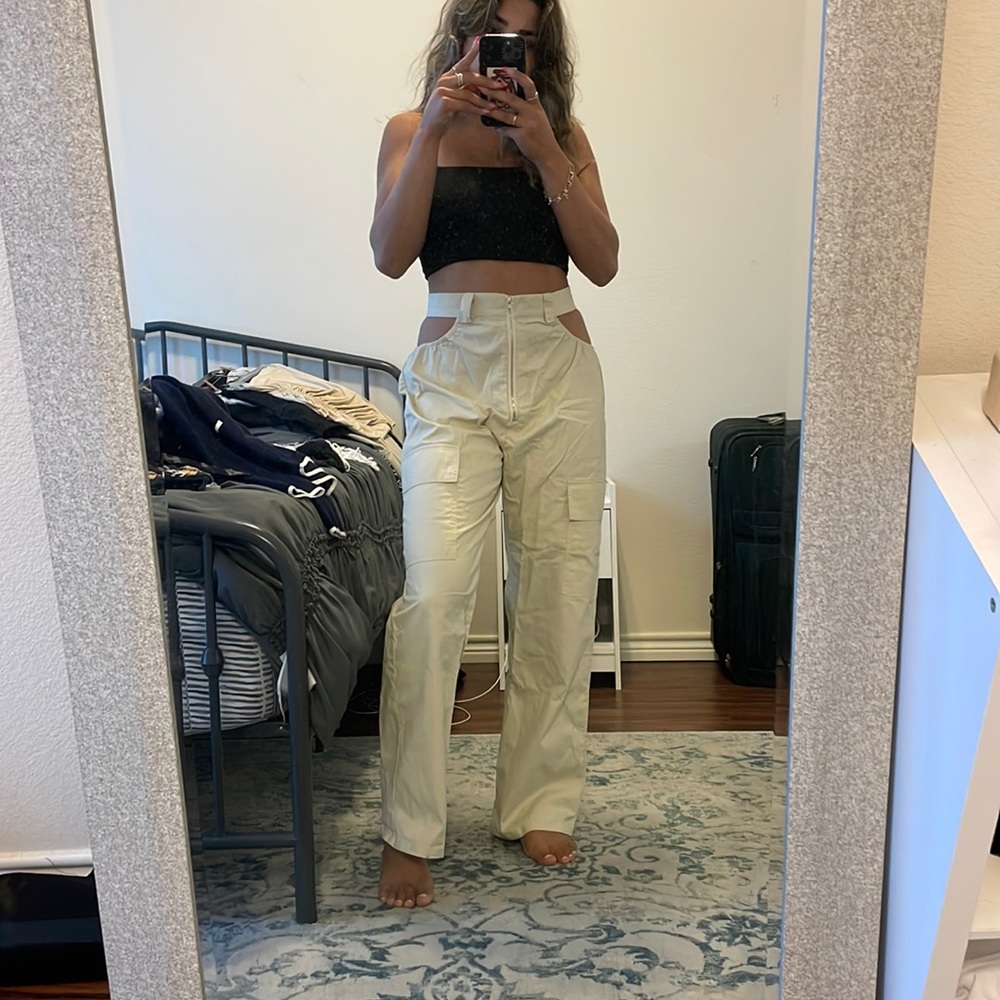 Unique shein cream pants with cut outs!